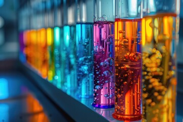 A row of colorful test tubes filled with different colored liquids
