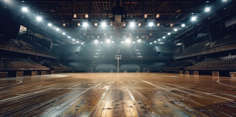 Professional basketball arena, spotlights shining down on the court.