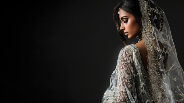 Fashion Portrait of a beautiful Indian woman wearing elegant bridal outfit, complete with stunning jewelry and a wedding veil in a darkened room. closeup image.