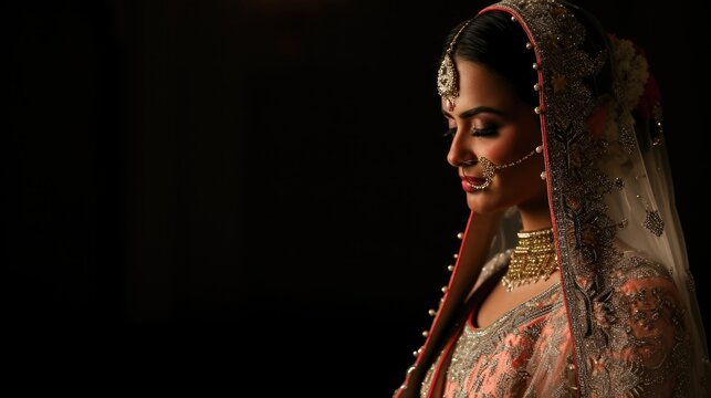 Fashion Portrait of a beautiful Indian woman wearing elegant bridal outfit, complete with stunning jewelry and a wedding veil in a darkened room. closeup image.