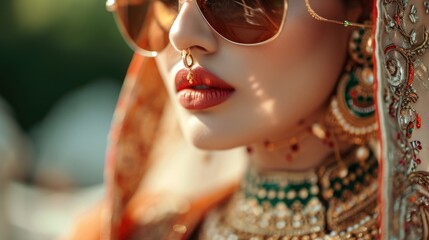  Fashion Portrait of Attractive Indian bride wearing glasses and wedding dress and elegant jewelry. Fictional Character Created by Generative AI. - obrazy, fototapety, plakaty
