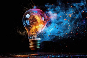 A light bulb is lit up and surrounded by colorful sparks