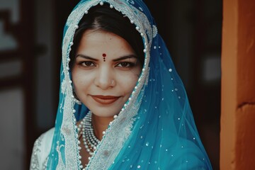 Naklejka premium A beautiful Indian woman dressed in an elegant bridal outfit, Fictional Character Created by Generative AI.