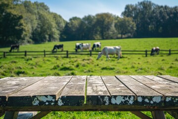 A wooden table in a village, cows grazing on grassland in the background, a sunny day during the summer season.