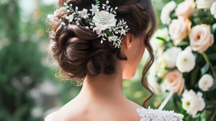 Naklejka premium Wedding Hairstyle portrait of a beautiful bride in a white gown and her hair exquisite decorate with floral. Fictional Character Created by Generative AI.