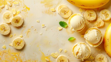 Overhead view of banana flavored ice cream with fresh bananas and mint leaves. - obrazy, fototapety, plakaty