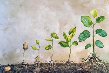 Illustration of the life cycle of a seedling: from seed to seedling - obrazy, fototapety, plakaty