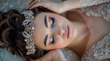 Fashion photo of a beautiful sensual bride sleeping peacefully while wearing white gown and tiara.  Fictional Character Created by Generative AI.
