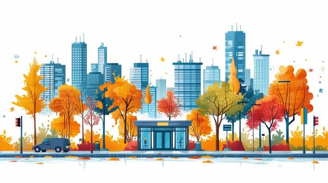Cityscape With Trees and Bus Stop