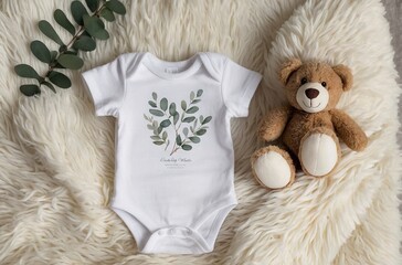 baby size short sleeve suit with bear toy on blanket through background,  bear toy and eucalyptus with infant shirt, baby size white short design
