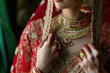 Closeup shot of the stunning Indian woman photo in traditional wedding dress and jewellery fashion photo. Fictional Character Created by Generative AI.
