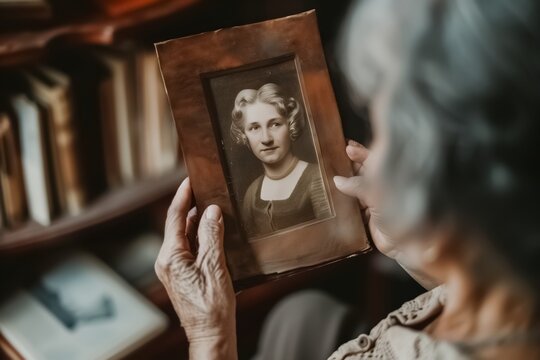 Old lady looking at an old ruined photograph from when she was a young girl, AI-generated.