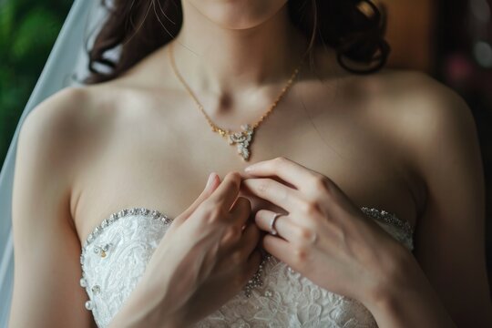  Closeup view of woman wearing beautiful necklace and white gown posing for a picture. Fictional Character Created by Generative AI.