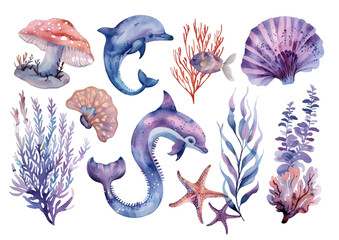 Sea ​​underwater world set, isolated vector watercolor illustration.