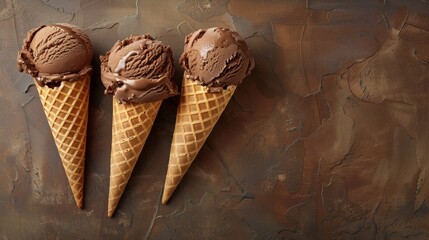 Three chocolate ice cream cones on a textured dark brown background.