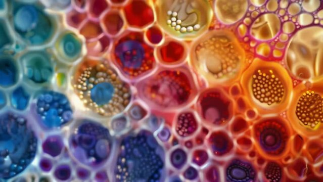 A vibrant and detailed image of a crosssection of a plant stem showing distinct layers of cells and tissues with varying shapes and . AI generation.