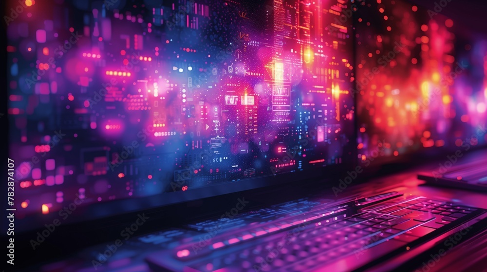 Poster glowing circuit board with bokeh lighting effects on computer keyboard