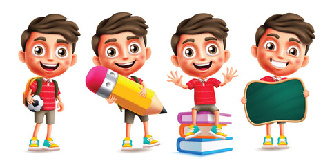 School boy characters vector set design. Back to school cute little kid man character with educational elements and standing pose collection. Vector illustration schoolboy character design.  
