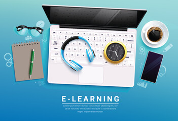 E learning school vector design. Back to school e - learning and distance education with laptop computer device, head phone and mobile phone digital device elements. Vector illustration e learning 