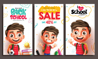 Back to school with boy character vector posters. Back to school sale with little cute male kid character set for educational promotion advertisement design. Vector illustration school back greeting 