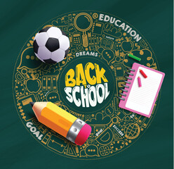 Back to school vector design. Back to school text with pencil, soccer ball, notebook and color pencil learning elements in doodle hand educations items  background. Vector illustration school 