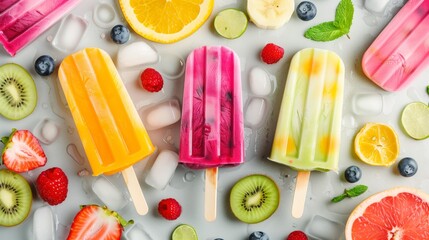 Colorful fruit popsicles with fresh ingredients and ice on a grey background