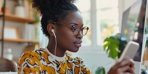 A young African woman sitting in front of computer and wearing earphone and using phone. Fictional Character Created by Generative AI. - Powered by Adobe