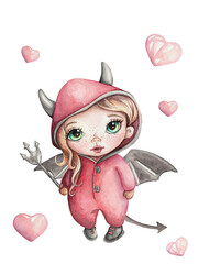 Charming Watercolor Child in Red Devil Costume with Heart, Wings, and Trident on white Background