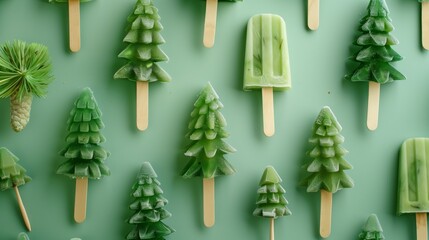 Flat lay of Christmas tree-shaped popsicles on a green background