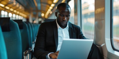 A dark-skinned African American businessman sitting a public transport and engaged his laptop. Fictional Character Created by Generative AI. - obrazy, fototapety, plakaty
