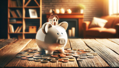 a piggy bank shaped like a house, surrounded by scattered coins on a wooden table