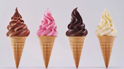 Four colorful soft serve ice cream cones on a light background