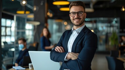 A beard man in a denim blue shirt standing next to a solar panel, smiling and possibly explaining the technology to someone Fictional Character Created by Generative AI.