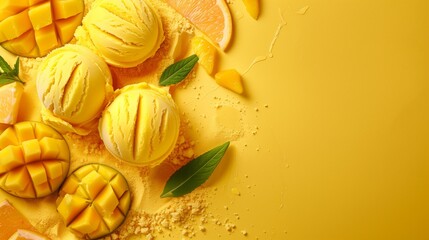 Refreshing mango ice cream scoops with sliced fruits and mint on a yellow background - obrazy, fototapety, plakaty