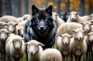 Obraz premium Black wolf among a flock of sheep, predator among sheep