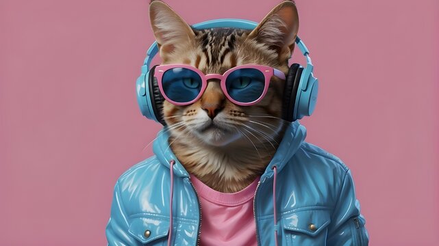 A unique and diverse prompt that showcases a stylish rendering of a cat wearing sunglasses and headphones, with a pink jacket and a cool blue background. The AI platform will bring this image to life 