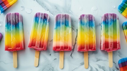 Colorful rainbow popsicles on a white surface with condensation droplets.