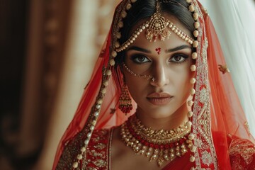 Obraz premium Attractive Indian bride photo in traditional red and golden wedding dress and elegant jewelry. Fictional Character Created by Generative AI.