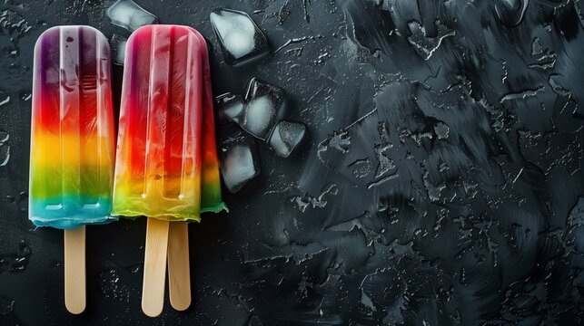 Two rainbow colored popsicles with melting ice on a black background.