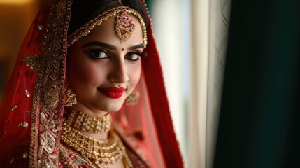 Fototapeta na wymiar Attractive Indian bride photo in traditional red and golden wedding dress and elegant jewelry. Fictional Character Created by Generative AI.