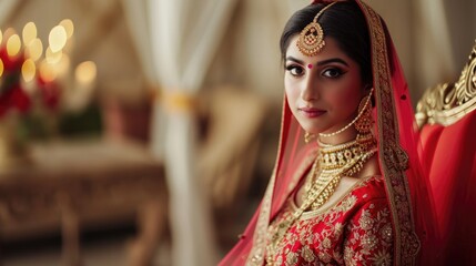 Obraz premium Elegant Indian woman wearing a wedding dress and jewelry Fictional Character Created by Generative AI.