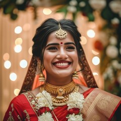  Attractive Indian bride photo in traditional red and golden wedding dress and elegant jewelry. Fictional Character Created by Generative AI.