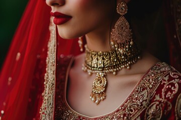  Attractive Indian bride photo in traditional red and golden wedding dress and elegant jewelry. Fictional Character Created by Generative AI.