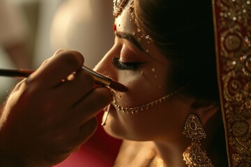  a Beautiful Indian Bride Getting Ready for Her Wedding by Makeup Artist. Fictional Character Created by Generative AI.