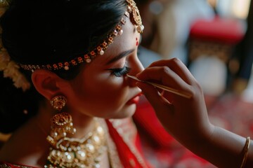  a Beautiful Indian Bride Getting Ready for Her Wedding by Makeup Artist. Fictional Character Created by Generative AI.