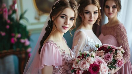  Bride and bridesmaid dressed in elegant wedding gowns and holding colorful rose bouquet.   Fictional Character Created by Generative AI.