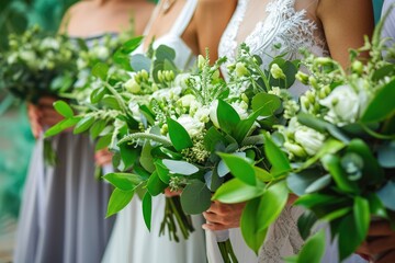 Bride with bridesmaid dressed in elegant wedding gowns and holding white rose bouquet with greenery. - obrazy, fototapety, plakaty