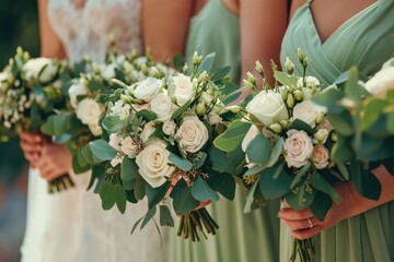 Bride with bridesmaid dressed in elegant wedding gowns and holding white rose bouquet with greenery.