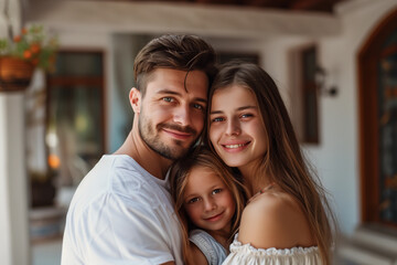 A beautiful happy family of three against the background of a big comfortable house