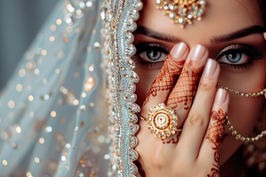 Wedding Photograph of a beautiful muslim bride wearing traditional veil and jewellery and doing greeting (adaab/salaam).  Fictional Character Created by Generative AI.